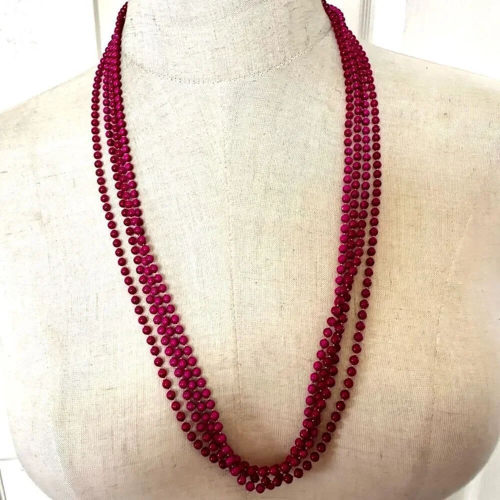 Pink gold tone multi strand long beaded necklace